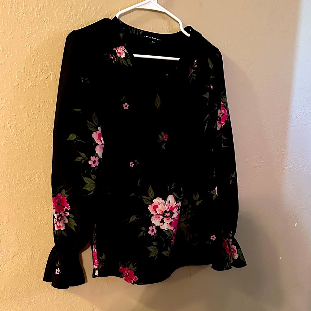 Zac & Rachel Black Blouse with Pink Floral Pattern